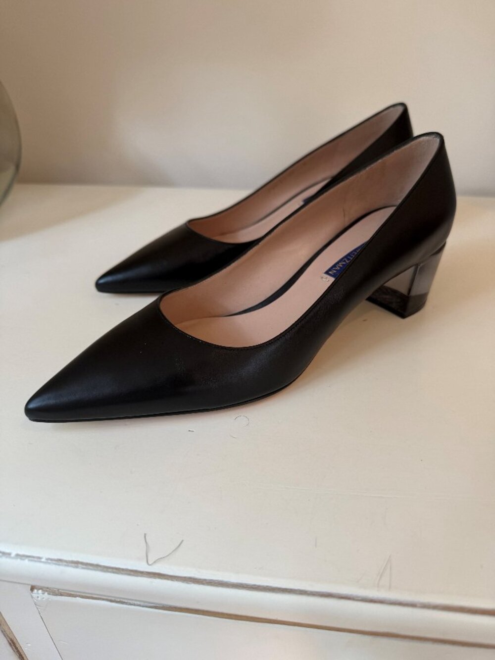 Stuart Weitzman Black Pointed Toe Block Heel Pumps